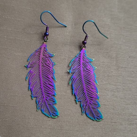 Rainbow feather stainless steel earrings - Picture 1 of 3